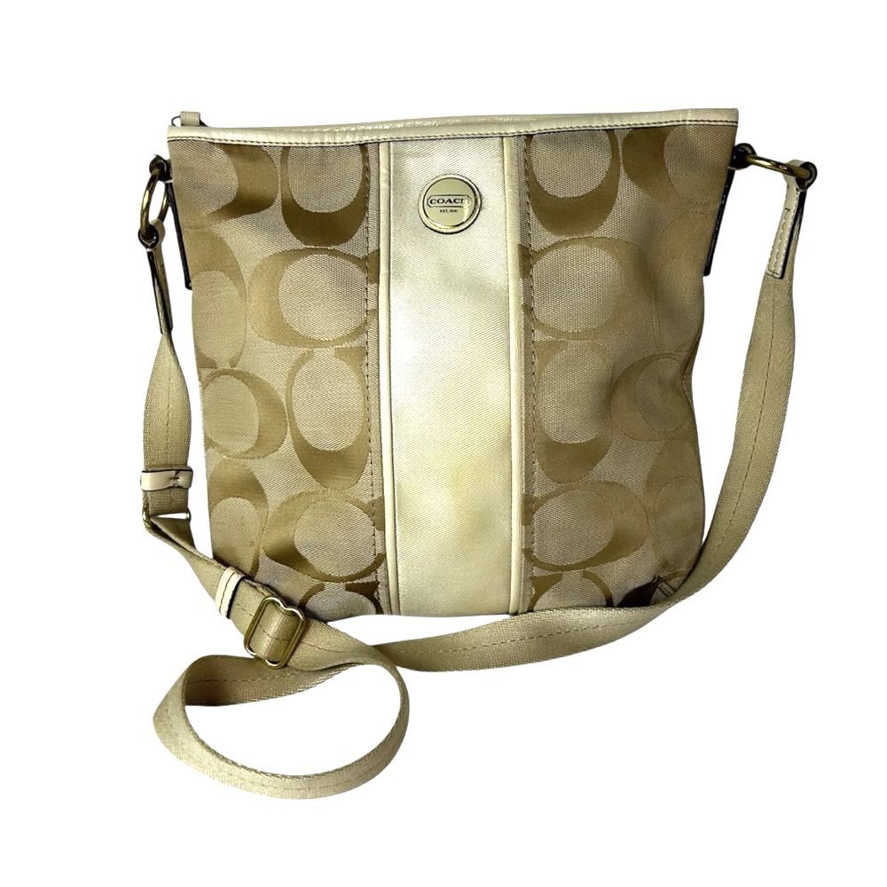 Coach F21905 Cream Tan Signature Canvas Leather Stripe Detail Crossbody Bag